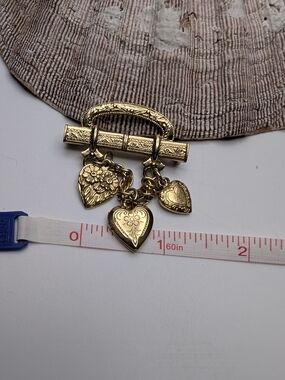 Gold-Tone Heart Charm Brooch w/ locket - Floral Engraved Dangles